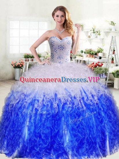 Pretty Sleeveless Organza Floor Length Lace Up Quinceanera Gown in Blue And White with Beading and Ruffles - Click Image to Close