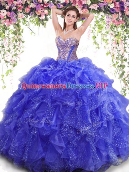 Suitable Blue Organza Lace Up 15 Quinceanera Dress Sleeveless Floor Length Beading and Ruffles - Click Image to Close