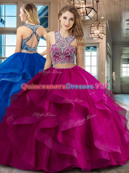 Scoop With Train Criss Cross Quince Ball Gowns Fuchsia for Military Ball and Sweet 16 and Quinceanera with Beading and Ruffles Brush Train - Click Image to Close