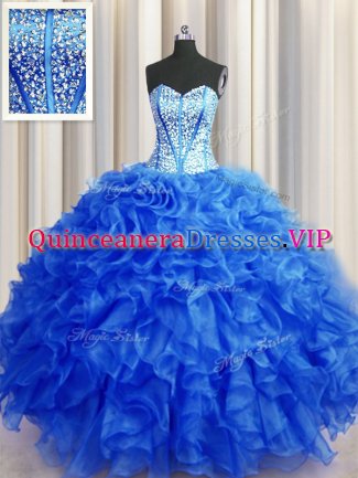 Visible Boning Beaded Bodice Royal Blue Vestidos de Quinceanera Military Ball and Sweet 16 and Quinceanera with Beading and Ruffles Sweetheart Sleeveless Lace Up