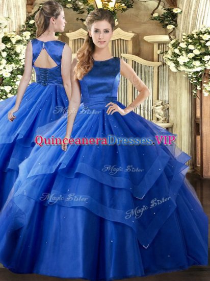 Most Popular Blue Sleeveless Floor Length Ruffled Layers Lace Up Ball Gown Prom Dress - Click Image to Close