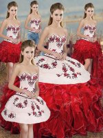 Comfortable Organza Sweetheart Sleeveless Lace Up Embroidery and Ruffles and Bowknot Quince Ball Gowns in White And Red