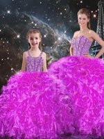 Charming Sweetheart Sleeveless Quinceanera Dress Floor Length Beading and Ruffles Fuchsia Organza