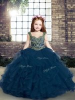 Fantastic Blue Tulle Lace Up Straps Sleeveless Little Girls Pageant Gowns Beading and Ruffles