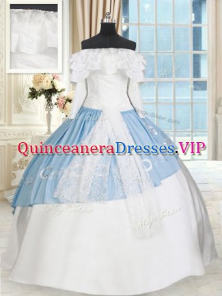 Sumptuous Off The Shoulder Long Sleeves Sweet 16 Dresses Floor Length Lace and Bowknot Blue And White Taffeta