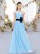High End Aqua Blue Sleeveless Belt Floor Length Damas Dress