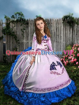 White Ball Gowns Straps Sleeveless Satin and Organza Sweep Train Lace Up Embroidery and Ruffles Little Girl Pageant Gowns