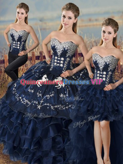 Fashion Sweetheart Sleeveless 15 Quinceanera Dress Embroidery and Ruffles Navy Blue Satin and Organza - Click Image to Close