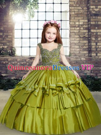 Straps Sleeveless Little Girls Pageant Gowns Floor Length Beading Olive Green Taffeta