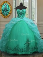 Custom Design Organza Sweetheart Sleeveless Court Train Lace Up Beading and Appliques and Pick Ups 15th Birthday Dress in Turquoise