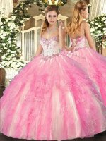 Elegant Sweetheart Sleeveless Tulle Ball Gown Prom Dress Beading and Ruffles Lace Up