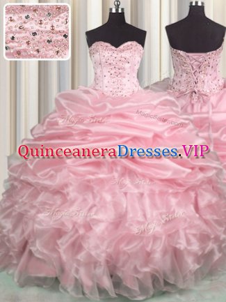 Flare Beading and Ruffles and Pick Ups Sweet 16 Dresses Baby Pink Lace Up Sleeveless With Brush Train