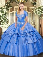 Baby Blue Quince Ball Gowns Military Ball and Sweet 16 and Quinceanera with Beading and Ruffled Layers Sweetheart Sleeveless Lace Up
