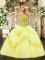 Ideal Yellow Sleeveless Floor Length Beading and Ruffles Lace Up Quinceanera Gown