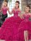 Sleeveless Tulle Floor Length Lace Up Quince Ball Gowns in Fuchsia with Beading and Ruffles