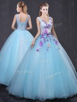Light Blue Ball Gowns V-neck Sleeveless Tulle Floor Length Lace Up Lace and Appliques Ball Gown Prom Dress(SKU YCQD0160BIZ)