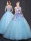 Light Blue Ball Gowns V-neck Sleeveless Tulle Floor Length Lace Up Lace and Appliques Ball Gown Prom Dress
