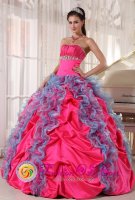 Loviisa Finland Hot Pink and Aqua Blue Ball Gown Strapless Floor-length Organza and Taffeta Beading and Ruffles Quinceanera Dress