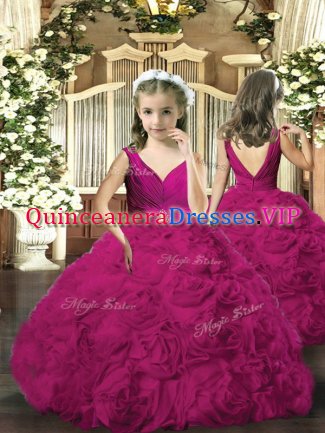 Ball Gowns Winning Pageant Gowns Fuchsia V-neck Fabric With Rolling Flowers Sleeveless Floor Length Backless