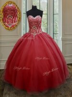 Simple Beading Quinceanera Dress Red Lace Up Sleeveless Floor Length