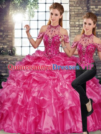 Floor Length Two Pieces Sleeveless Fuchsia Sweet 16 Dresses Lace Up