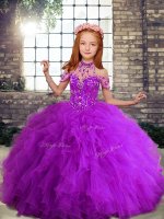 Straps Sleeveless Lace Up Little Girls Pageant Gowns Purple Tulle