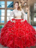 Red Scoop Zipper Beading and Lace and Ruffles Sweet 16 Dress Long Sleeves