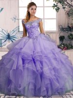 Lavender Lace Up Off The Shoulder Beading and Ruffles Ball Gown Prom Dress Organza Sleeveless(SKU SJQDDT2089002-2BIZ)