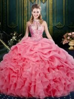 Luxury Watermelon Red Halter Top Lace Up Beading and Ruffles and Pick Ups Quinceanera Dress Sleeveless