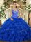 Low Price Royal Blue Ball Gowns V-neck Sleeveless Organza Floor Length Lace Up Beading and Ruffles Sweet 16 Dresses