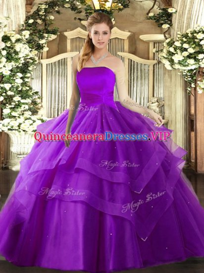 Eggplant Purple Lace Up Strapless Ruffled Layers Sweet 16 Dress Tulle Sleeveless - Click Image to Close
