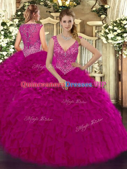 Floor Length Zipper Sweet 16 Quinceanera Dress Fuchsia for Military Ball and Sweet 16 and Quinceanera with Beading and Ruffles - Click Image to Close