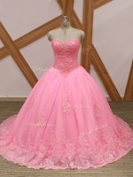 Rose Pink Sleeveless Brush Train Beading and Lace Quinceanera Dresses