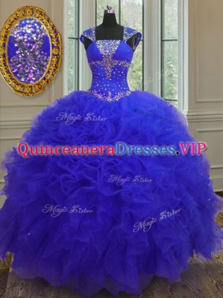 Custom Designed Sequins High Low Blue Sweet 16 Dresses Straps Cap Sleeves Lace Up