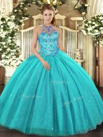 Affordable Ball Gowns Quince Ball Gowns Aqua Blue Halter Top Tulle Sleeveless Floor Length Lace Up