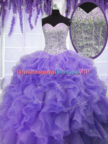 Flare Lavender Ball Gowns Sweetheart Sleeveless Organza Floor Length Lace Up Ruffles and Sequins Quinceanera Dresses - Click Image to Close