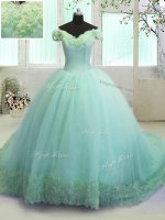 Off the Shoulder Turquoise Lace Up Sweet 16 Dresses Hand Made Flower Sleeveless With Train Court Train