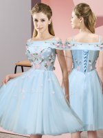 New Arrival Knee Length Light Blue Damas Dress Tulle Short Sleeves Appliques