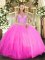 Rose Pink Ball Gowns Tulle Halter Top Sleeveless Beading Floor Length Lace Up Quinceanera Dress