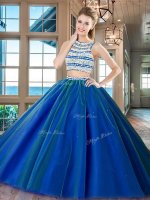 Scoop Royal Blue Two Pieces Beading Sweet 16 Dresses Backless Tulle Sleeveless Floor Length(SKU SXQD045-1BIZ)