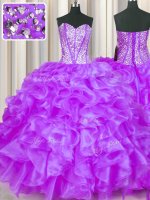 Sweetheart Sleeveless 15 Quinceanera Dress Floor Length Beading and Ruffles Eggplant Purple Organza
