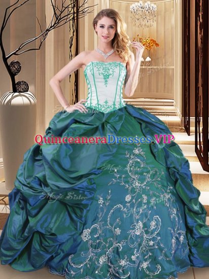 Fitting Turquoise Taffeta Lace Up Strapless Sleeveless Floor Length 15th Birthday Dress Embroidery and Pick Ups - Click Image to Close