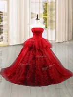 Tulle Strapless Sleeveless Brush Train Lace Up Lace and Ruffles Sweet 16 Dress in Wine Red
