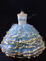Custom Fit Blue Ball Gowns Scoop Sleeveless Organza Floor Length Lace Up Ruffled Layers Quinceanera Gowns