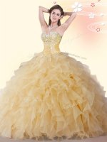Suitable Gold Lace Up Sweetheart Beading and Ruffles Sweet 16 Dresses Organza Sleeveless