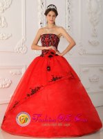 Menorca Spain Red Beaded Decorate Bodice Quinceanera Dress For Strapless Brand New Style Satin and Organza Ball Gown(SKU QDZY288y-7BIZ)