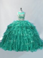 Turquoise Sleeveless Organza Brush Train Zipper Quinceanera Gowns for Sweet 16 and Quinceanera