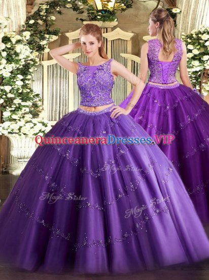 Stylish Purple Sleeveless Tulle Lace Up Quince Ball Gowns for Military Ball and Sweet 16 and Quinceanera - Click Image to Close