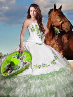 Fine Sleeveless Organza Floor Length Lace Up Quinceanera Gown in White with Embroidery and Ruffled Layers