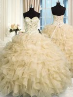 Champagne 15th Birthday Dress Military Ball and Sweet 16 and Quinceanera with Beading and Ruffles Sweetheart Sleeveless Lace Up